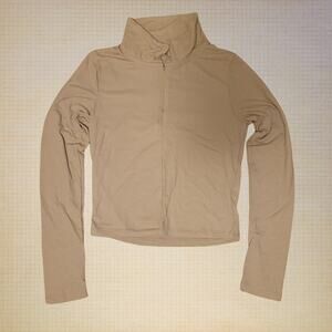 Cloud Dancer Women's Large Ribbed Cropped Turtleneck Zip Pullover Beige